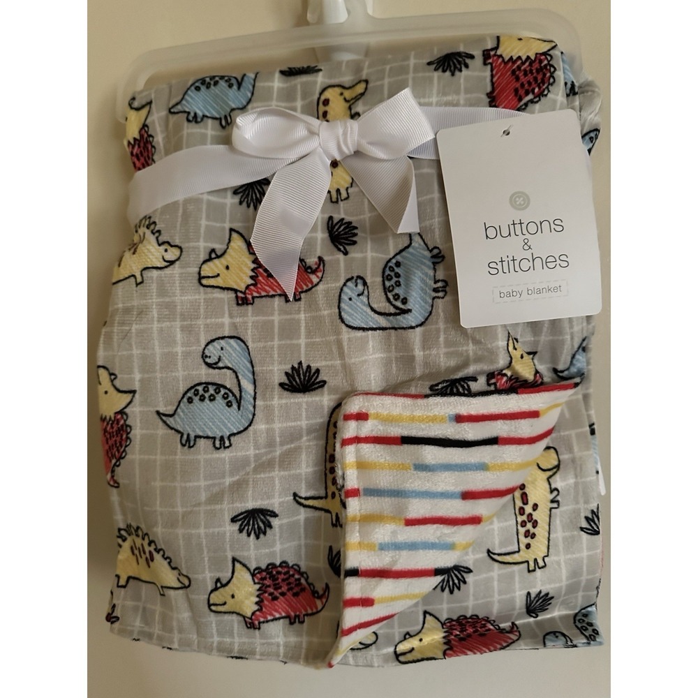 Buttons and Stitches 30 x 40 Dinosaur's Baby Blanket. Reversable Stripes NWT